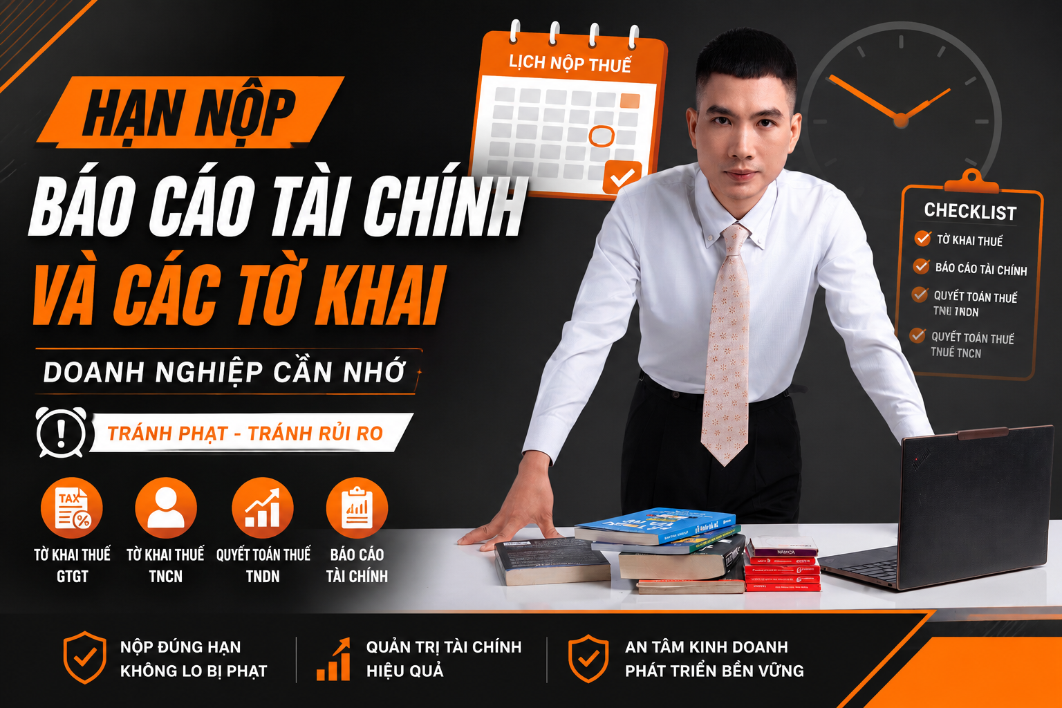 Thumbnail bài viết về hạn nộp Báo cáo tài chính và các tờ khai thuế dành cho doanh nghiệp, giúp chủ doanh nghiệp nhận diện các mốc thời hạn quan trọng như tờ khai thuế GTGT, thuế TNCN, quyết toán thuế TNDN và Báo cáo tài chính năm. Hình ảnh phù hợp cho nội dung SEO về kế toán thuế, báo cáo tài chính, dịch vụ kế toán thuế trọn gói và cảnh báo rủi ro chậm nộp hồ sơ thuế.